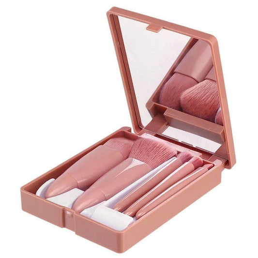 Set 5 Pensule de Machiaj Mini, Portabile, Carcasă cu Oglindă pentru Retuș, Peri Sintetici Moi, Roz Pastel, 12x7x2.5 cm