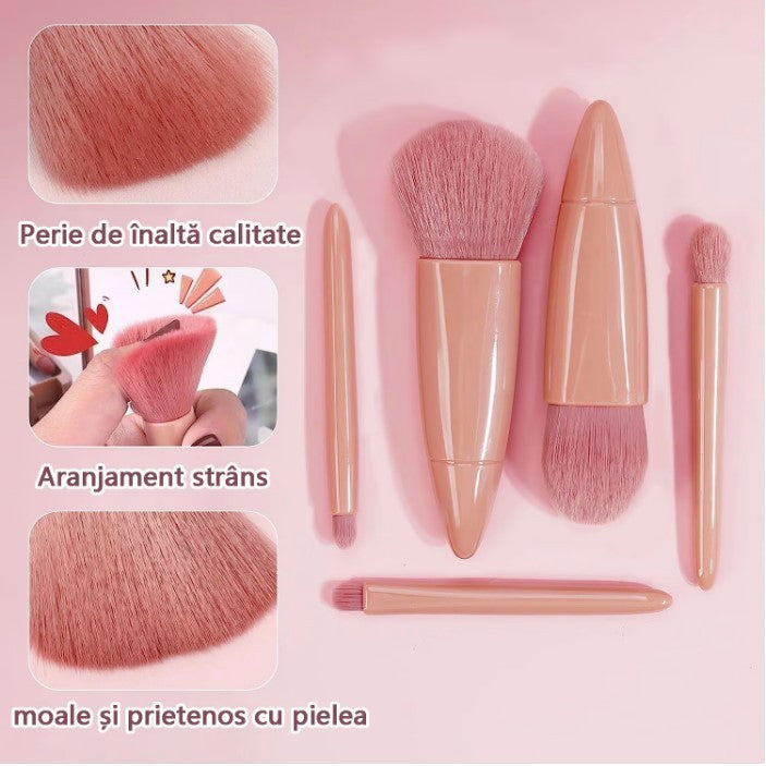 Set 5 Pensule de Machiaj Mini, Portabile, Carcasă cu Oglindă pentru Retuș, Peri Sintetici Moi, Roz Pastel, 12x7x2.5 cm