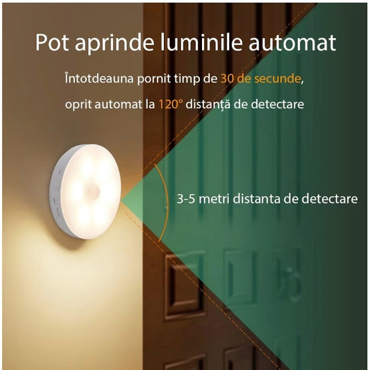 Lampa de Veghe LED cu Senzor de Miscare, Incarcare USB, Acumulator 300mAh, Functie Auto On/Off, Fixare Magnetica, 8 LED-uri, Lumina Alb Rece, Forma Rotunda, Alb, 8.5x2.3 cm