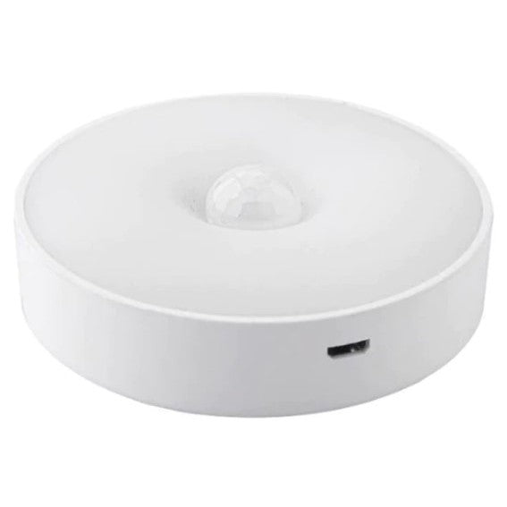 Lampa de Veghe LED cu Senzor de Miscare, Incarcare USB, Acumulator 300mAh, Functie Auto On/Off, Fixare Magnetica, 8 LED-uri, Lumina Alb Rece, Forma Rotunda, Alb, 8.5x2.3 cm
