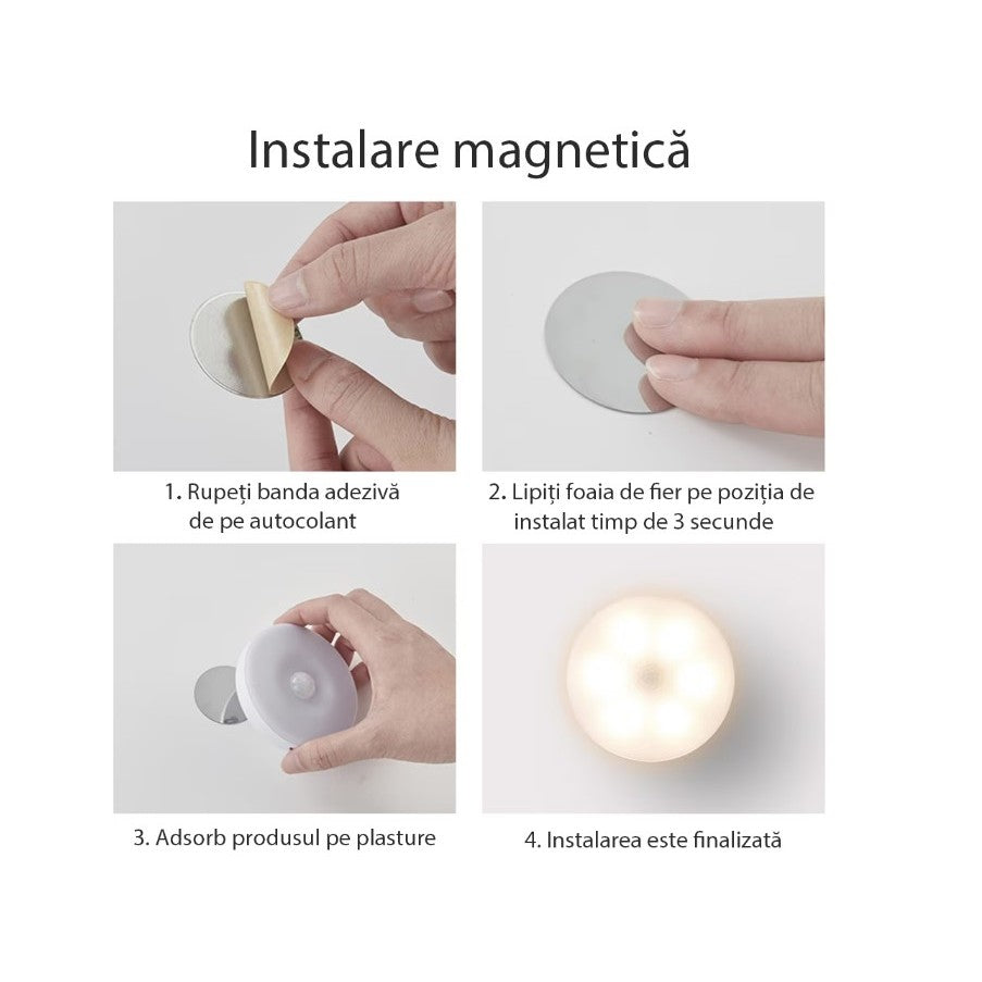 Lampa de Veghe LED cu Senzor de Miscare, Lumina Calda si Rece Selectabila, Incarcare USB, Acumulator 300mAh, Prindere Magnetica, 0.6W, Design Rotund, Alb, 8.5x2.3 cm