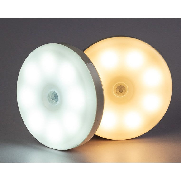 Lampa de Veghe LED cu Senzor de Miscare si Lumina, Incarcare USB, Magnet Incorporat, Acumulator 300mAh, 0.6W, Design Rotund, Alb, 8.5x2.3 cm