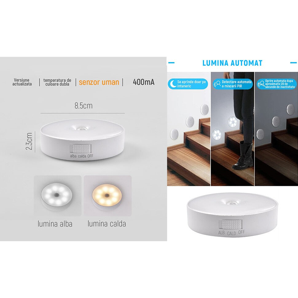 Lampa de Veghe LED cu Senzor de Miscare si Lumina, Incarcare USB, Magnet Incorporat, Acumulator 300mAh, 0.6W, Design Rotund, Alb, 8.5x2.3 cm