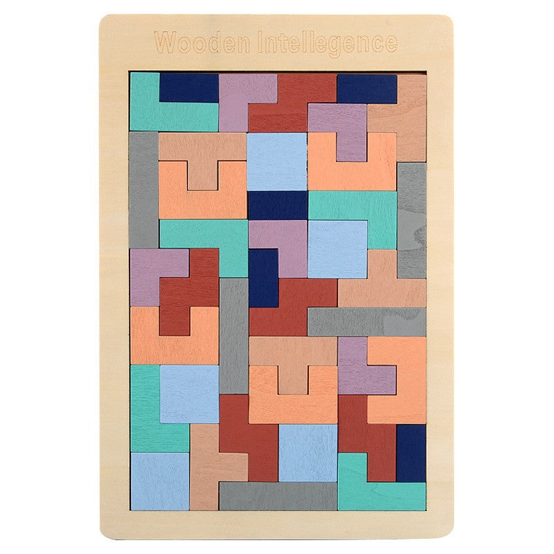 Puzzle Montessori, Joc Educativ Tip Tetris, Dezvoltare Abilitati Cognitive si Motrice, Lemn Natural, 40 Piese, 26.5 x 17.7 cm, Multicolor Pastelat