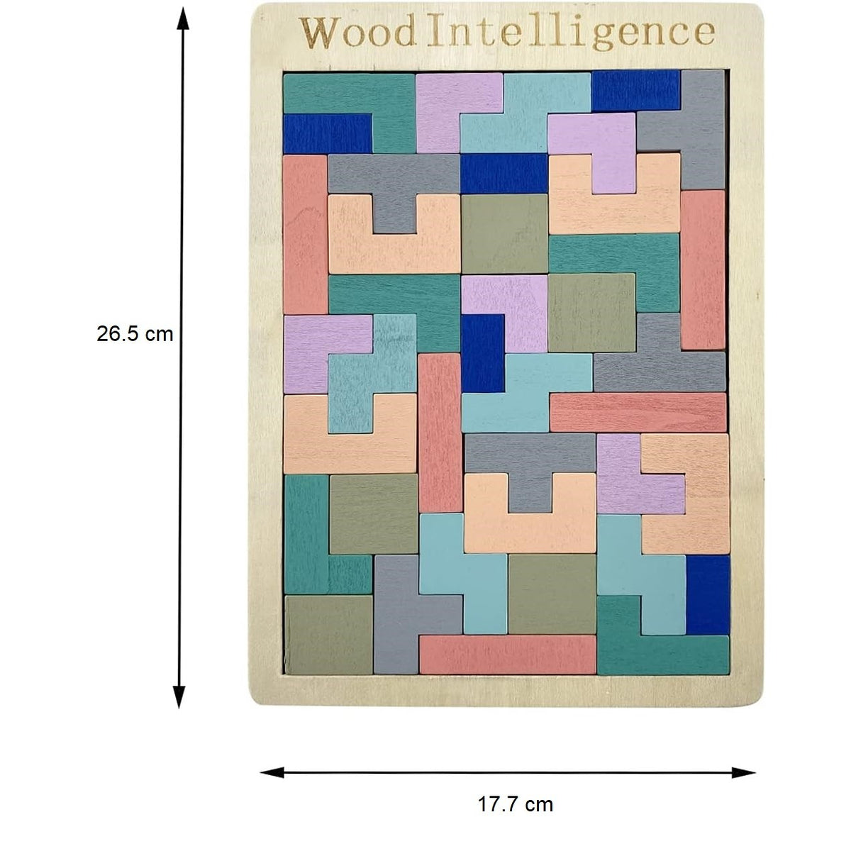 Puzzle Montessori, Joc Educativ Tip Tetris, Dezvoltare Abilitati Cognitive si Motrice, Lemn Natural, 40 Piese, 26.5 x 17.7 cm, Multicolor Pastelat