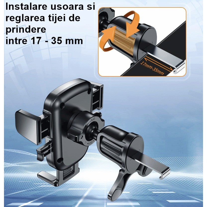 Suport Auto Telefon, Prindere Grila Ventilatie, Tija Fixare Reglabila, Rotativ 360 Grade, ABS si Silicon, 11 x 8.5 cm, Negru