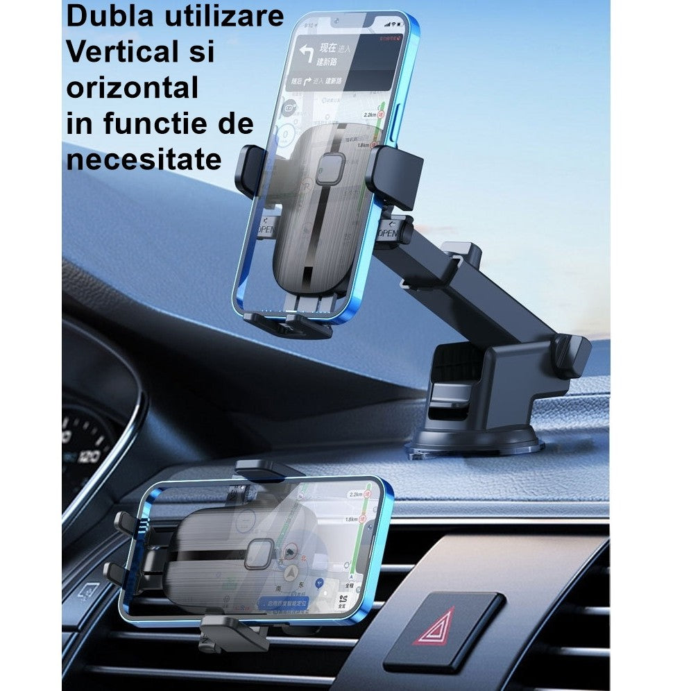 Suport Auto Telefon, Prindere Grila Ventilatie, Tija Ajustabila si Rotire 360 Grade, ABS si Silicon, 11 x 8.5 cm, Negru