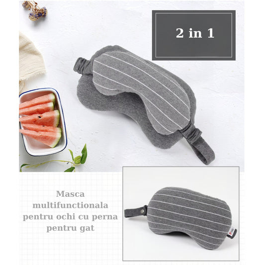 Masca de Dormit 2 in 1 si Perna Travel pentru Gat, Suport Cervical cu Particule de Spuma si Bumbac Respirabil, Husa Detasabila cu Fermoar, Gri Inchis