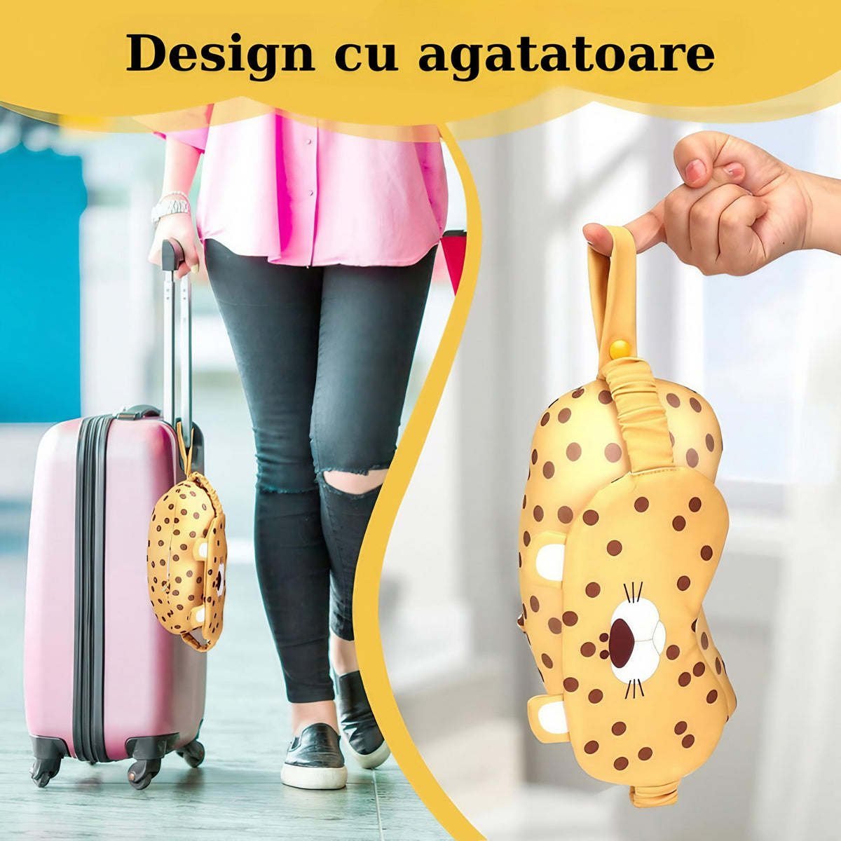 Masca de Dormit si Perna de Calatorie 2 in 1, Tetiera Ergonomica cu Particule de Spuma si Bumbac, Husa Detasabila, Model Leopard, Portocaliu
