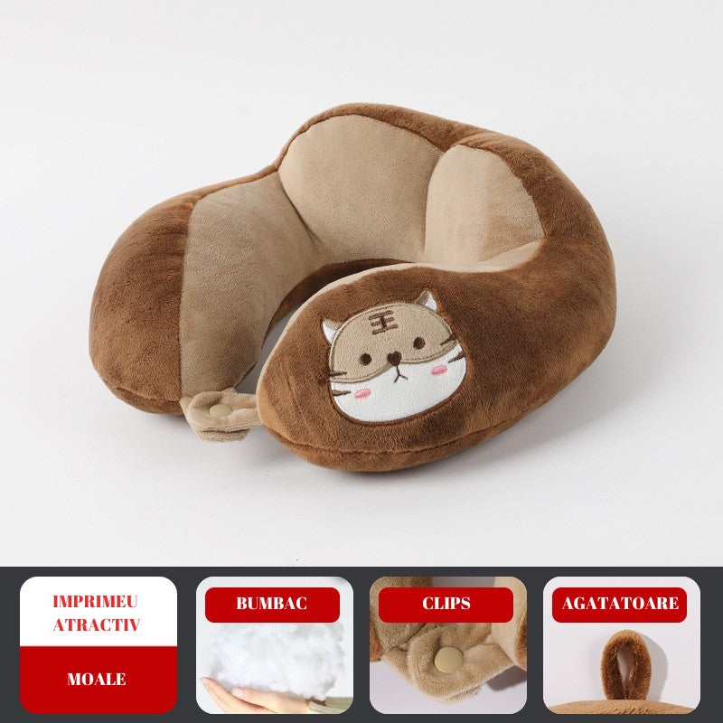 Perna de Calatorie pentru Gat si Cap, Suport Cervical cu Prindere prin Capse, Umplutura Bumbac, Model Brodat Pisica, 28x28x10 cm, Maro
