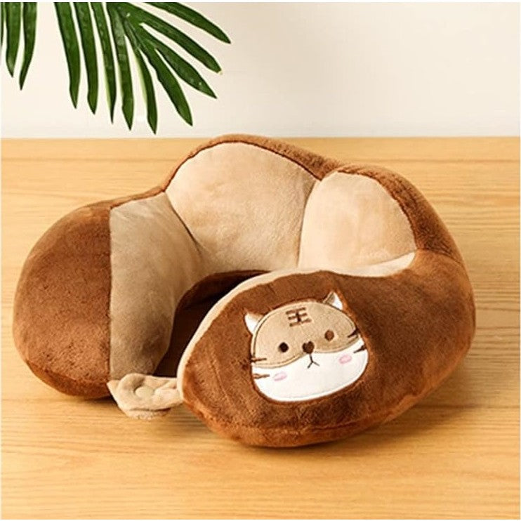 Perna de Calatorie pentru Gat si Cap, Suport Cervical cu Prindere prin Capse, Umplutura Bumbac, Model Brodat Pisica, 28x28x10 cm, Maro