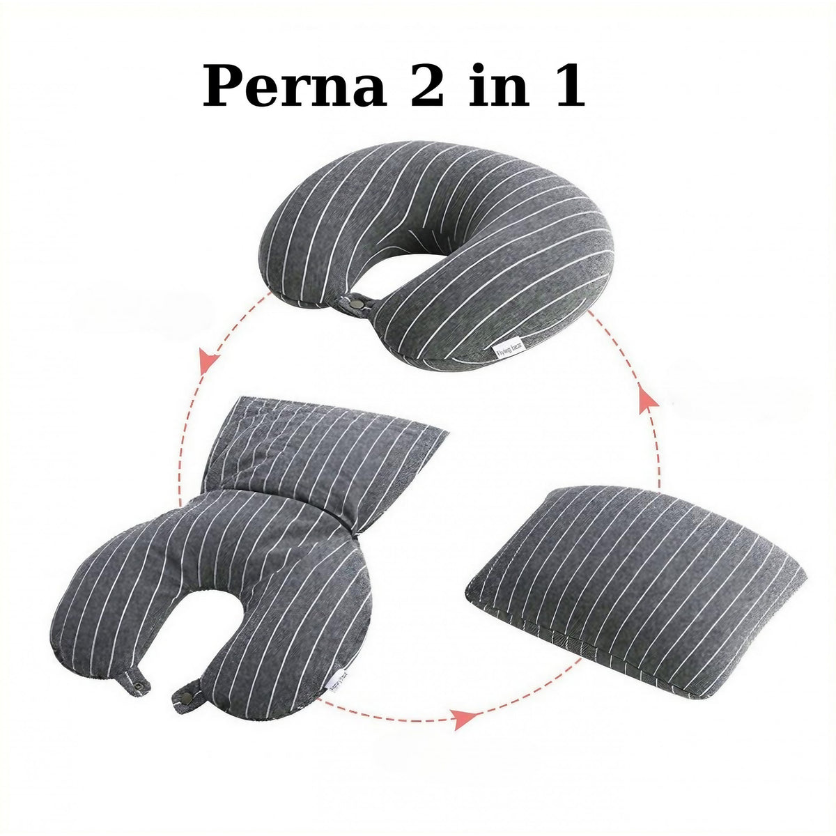 Pernă de Călătorie 2 în 1 Deformabilă, Suport Cervical în Formă de U sau Pătrată, Umplutură Particule Spumă cu Memorie, Husă Bumbac Tricotat, Gri
