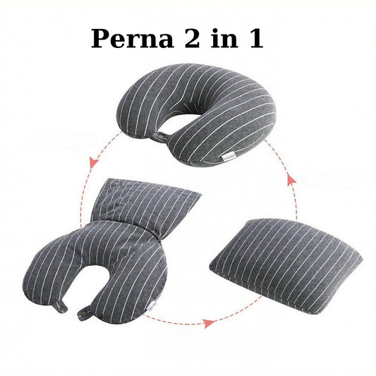 Pernă de Călătorie 2 în 1 Deformabilă, Suport Cervical în Formă de U sau Pătrată, Umplutură Particule Spumă cu Memorie, Husă Bumbac Tricotat, Gri