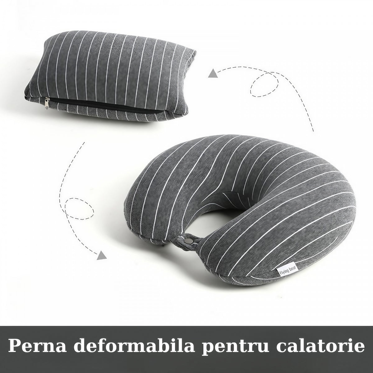Pernă de Călătorie 2 în 1 Deformabilă, Suport Cervical în Formă de U sau Pătrată, Umplutură Particule Spumă cu Memorie, Husă Bumbac Tricotat, Gri