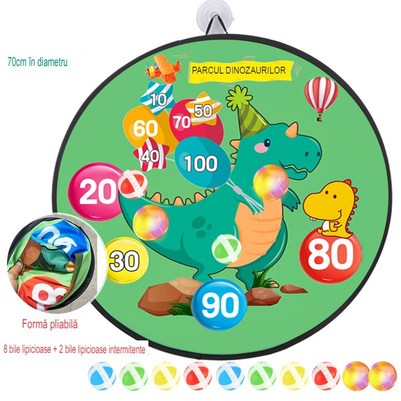 Joc Darts pentru Copii, Placa Pliabila cu Scai, Model Dinozaur Park, 8 Mingi Velcro si 2 Mingi Luminoase Flash, Verde, 70 cm
