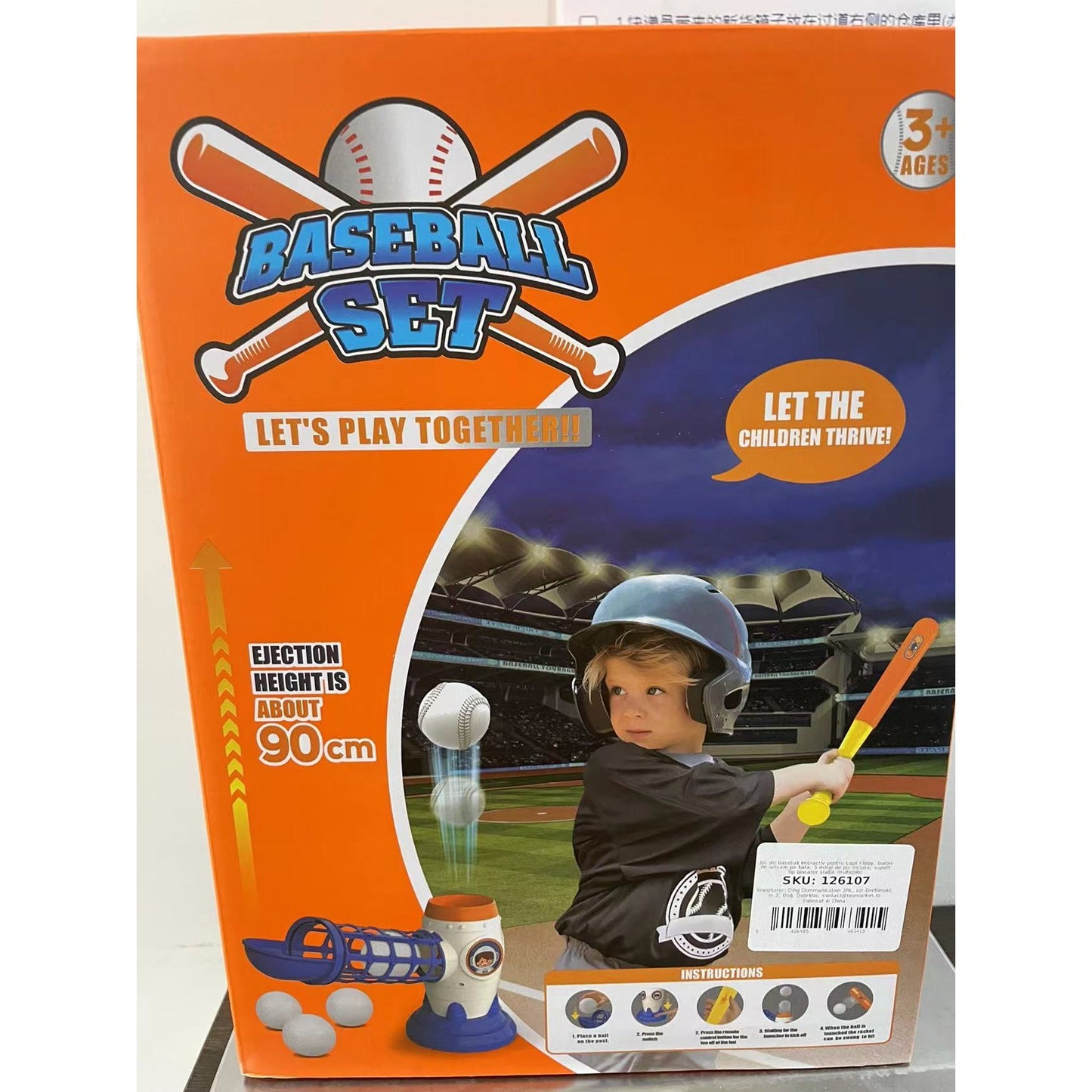 Joc de Baseball Interactiv cu Lansator de Mingi, Set de Antrenament cu Buton si Servire Automata, Plastic ABS, Include Bata de 59 cm si 5 Mingi, Multicolor