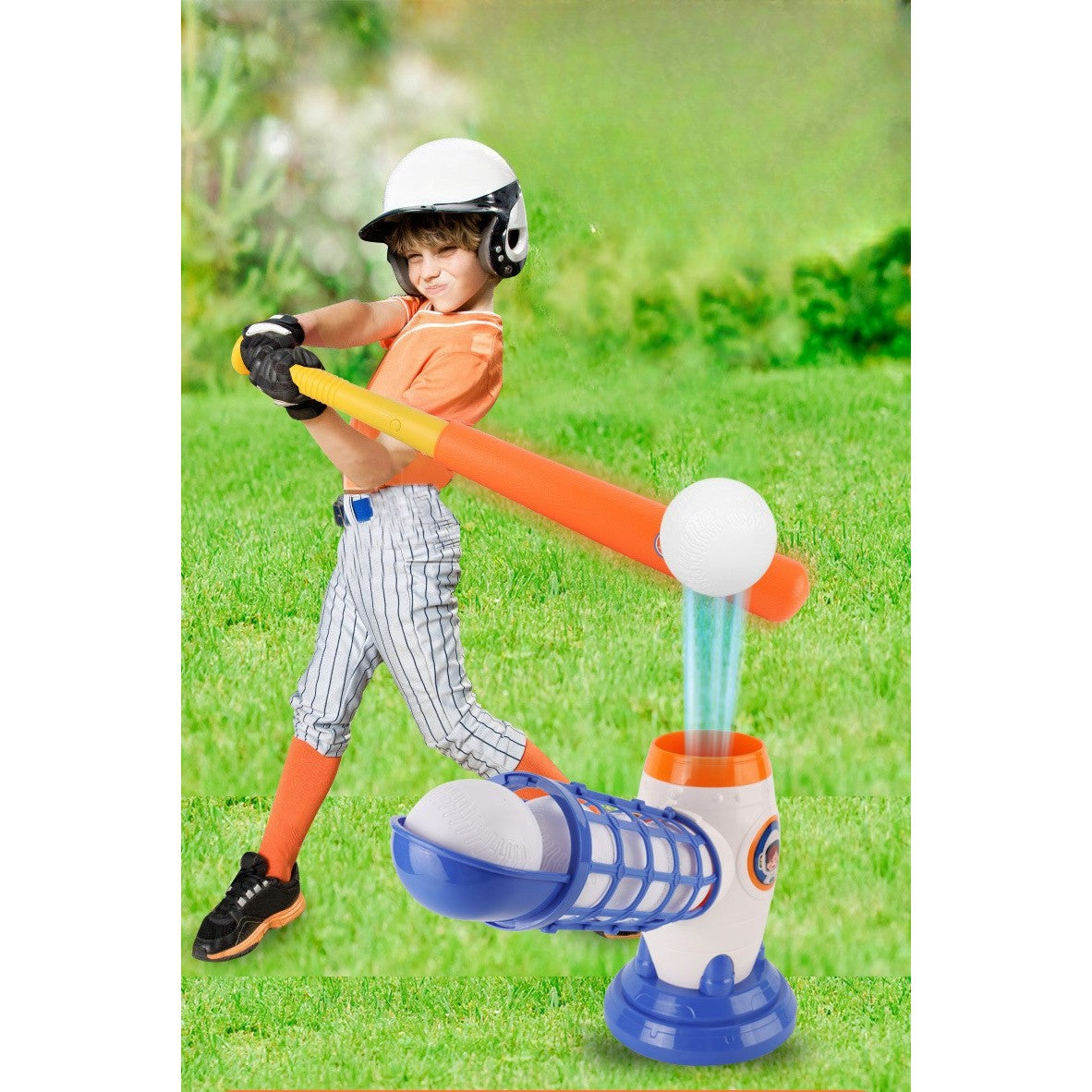 Joc de Baseball Interactiv cu Lansator de Mingi, Set de Antrenament cu Buton si Servire Automata, Plastic ABS, Include Bata de 59 cm si 5 Mingi, Multicolor