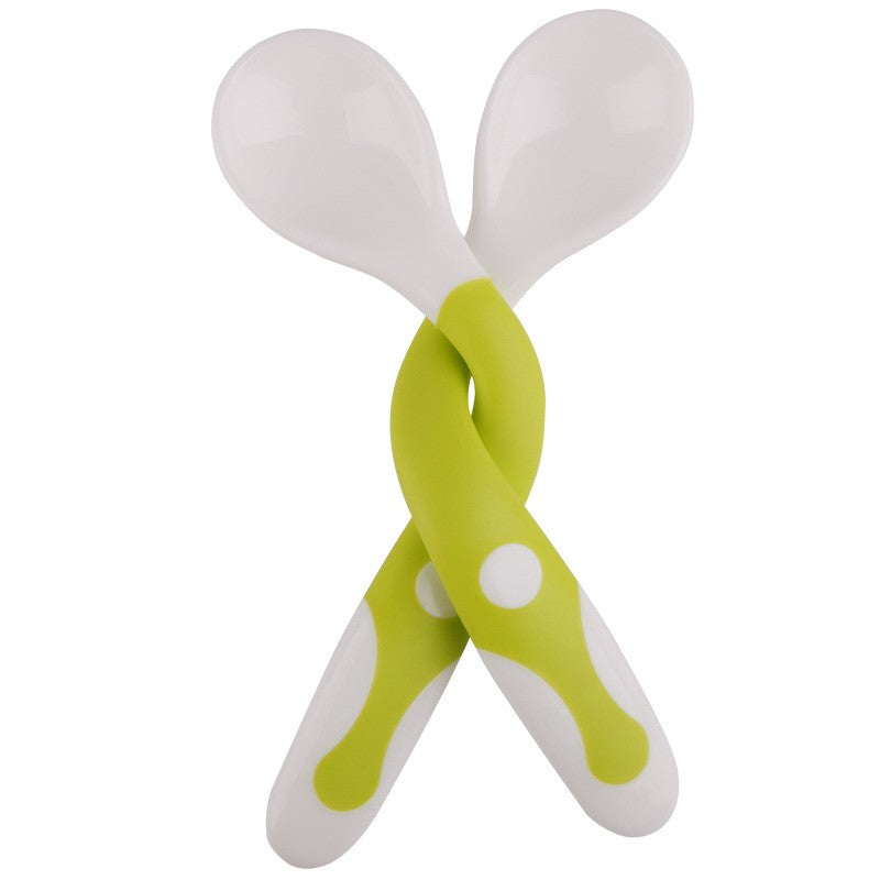 Set 2 Tacamuri pentru Bebelusi, Lingurita si Furculita Flexibile, Maner Silicon si TPE fara BPA, Autodiversificare, +6 Luni, 14.5 x 3.3 cm, Alb/Verde