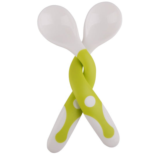 Set 2 Tacamuri pentru Bebelusi, Lingurita si Furculita Flexibile, Maner Silicon si TPE fara BPA, Autodiversificare, +6 Luni, 14.5 x 3.3 cm, Alb/Verde