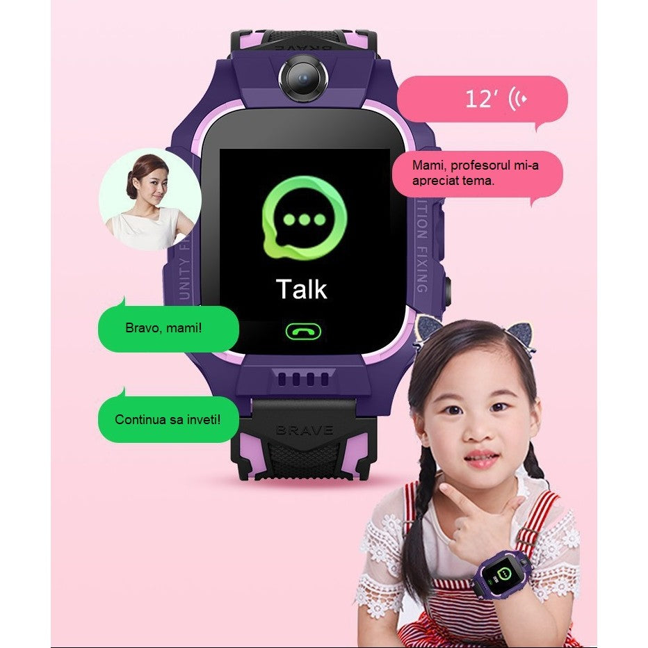 Ceas Smartwatch Copii Q19 Z6, Localizare LBS, Buton SOS, Monitorizare Spion, Camera Foto, Lanterna, Comunicare Bidirectionala, Jocuri Educative, Slot Card Nano SIM, Compatibil Android/iOS, Roz/Mov