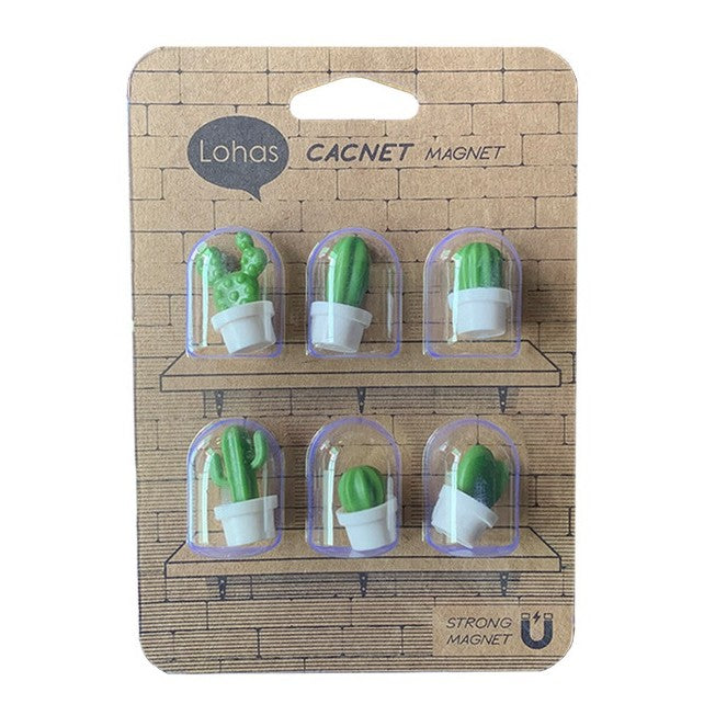 Set 6 Magneti De Frigider Decorativi, Model Cactusi In Ghiveci Si Frunze, Material ABS Ecologic, Verde/Alb