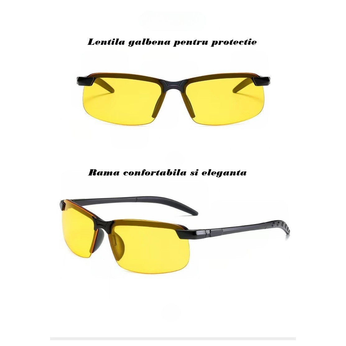 Ochelari Polarizati pentru Condus Noaptea si Night Vision, Lentile Galbene Antiorbire, Ideali pentru Ciclism si Sport, Material PC, Rama Neagra, 14 x 3.7 cm, 15.2 g
