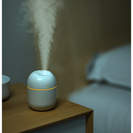 Mini Umidificator Portabil cu Ultrasunete, Functie Aromaterapie si Purificare Aer, Lumina Ambientala LED, 2 Moduri Vaporizare, Alimentare USB, Rezervor 220 ml, Silentios, Alb