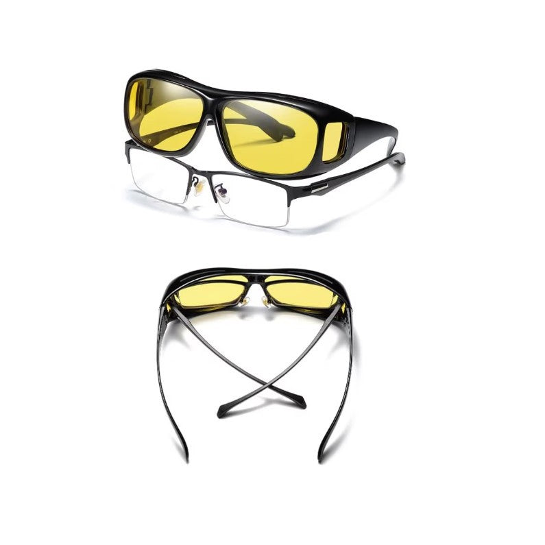 Ochelari pentru Viziune pe Timp de Noapte, Polarizati, pentru Condus si Ciclism, Protectie UV400, Fit-Over Peste Ochelari de Vedere, Material PC, Lentila Galbena, Rama Neagra, 15x5 cm