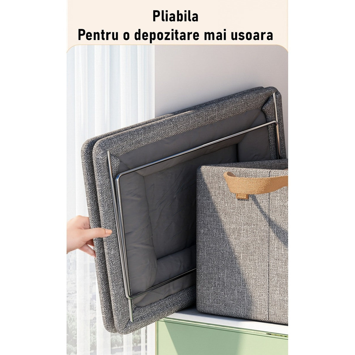 Cutie Depozitare Tip Cos, Organizator Pliabil Haine si Jucarii cu Cadru Metalic, Fereastra Transparenta si Fermoar, Bumbac si In, 47x30x25 cm, 35 l, Gri