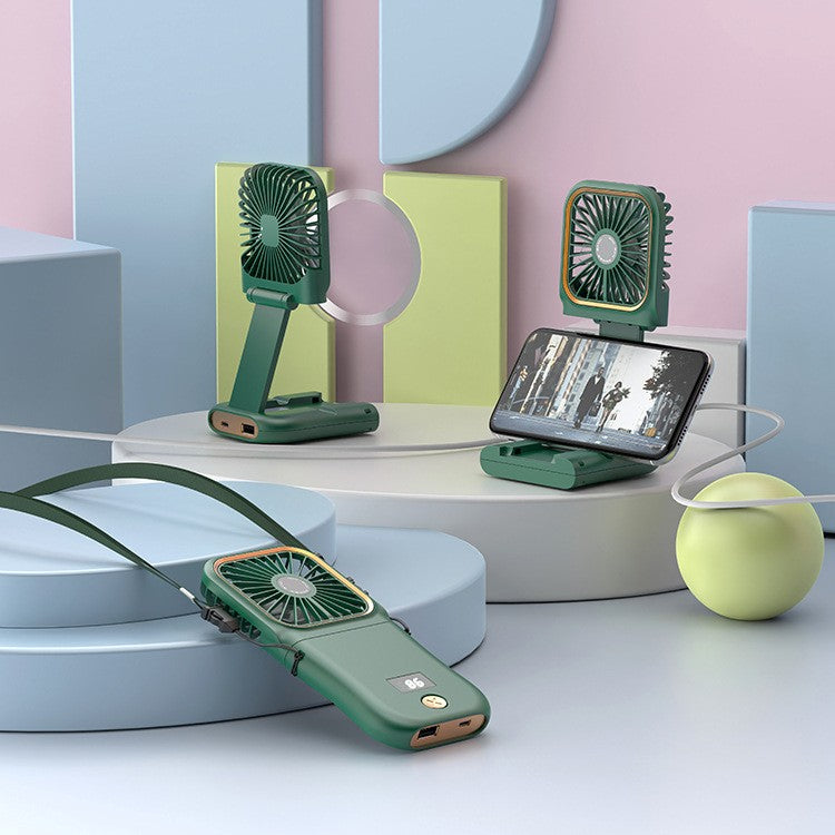 Ventilator Portabil 3 in 1, Multifunctional de Mana, Gat si Birou, Baterie 3000 mAh, Afisaj Digital, Pliabil la 180 Grade, Suport Telefon, Incarcare USB, 3 Trepte de Viteza, 16.7 x 8 cm, Verde