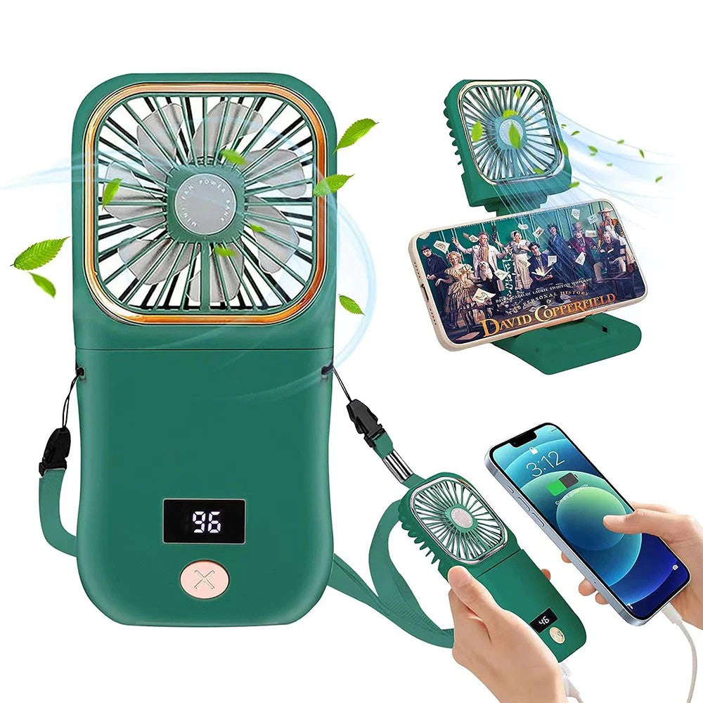 Ventilator Portabil 3 in 1, Multifunctional de Mana, Gat si Birou, Baterie 3000 mAh, Afisaj Digital, Pliabil la 180 Grade, Suport Telefon, Incarcare USB, 3 Trepte de Viteza, 16.7 x 8 cm, Verde