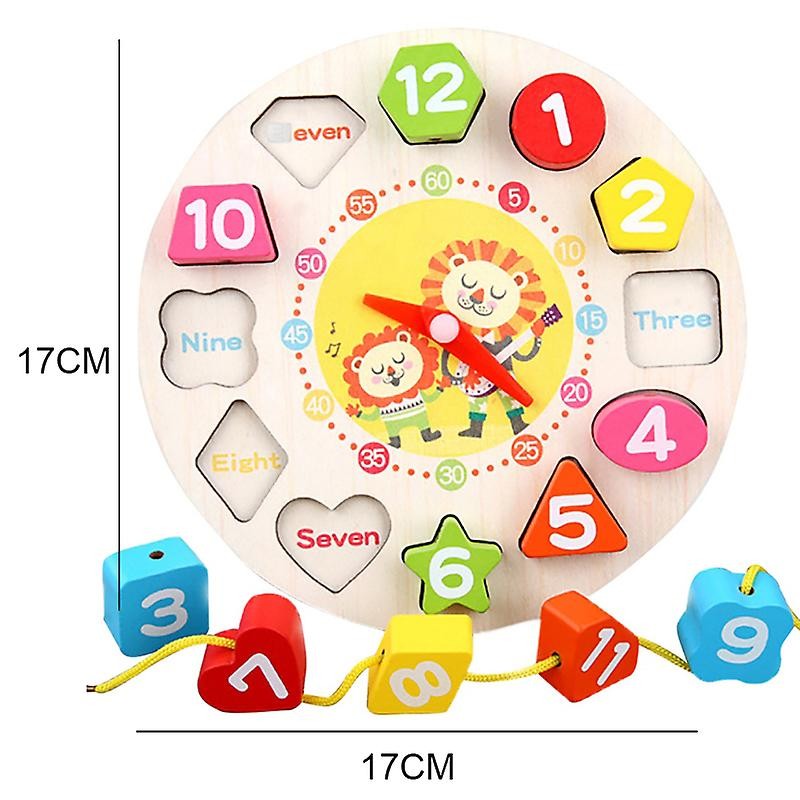 Jucarie Educativa Montessori, Ceas Din Lemn Cu Forme Geometrice Si Snur Pentru Insirat, Dezvoltare Motricitate Si Invatare Timp, Model Leu, 12 Piese, 17 cm, Multicolor, + 36 Luni