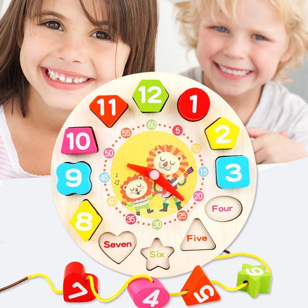 Jucarie Educativa Montessori, Ceas Din Lemn Cu Forme Geometrice Si Snur Pentru Insirat, Dezvoltare Motricitate Si Invatare Timp, Model Leu, 12 Piese, 17 cm, Multicolor, + 36 Luni