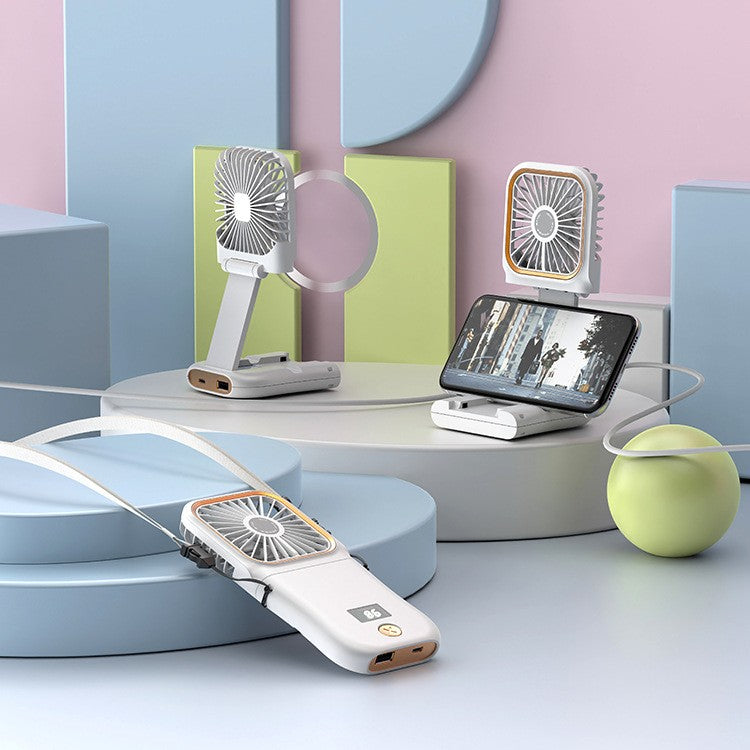 Ventilator Portabil 3 in 1, Mini Ventilator de Mana, Gat si Birou, Pliabil la 180 Grade, Baterie 3000 mAh, Afisaj Digital, Suport Telefon, Incarcare USB, 3 Viteze, Alb