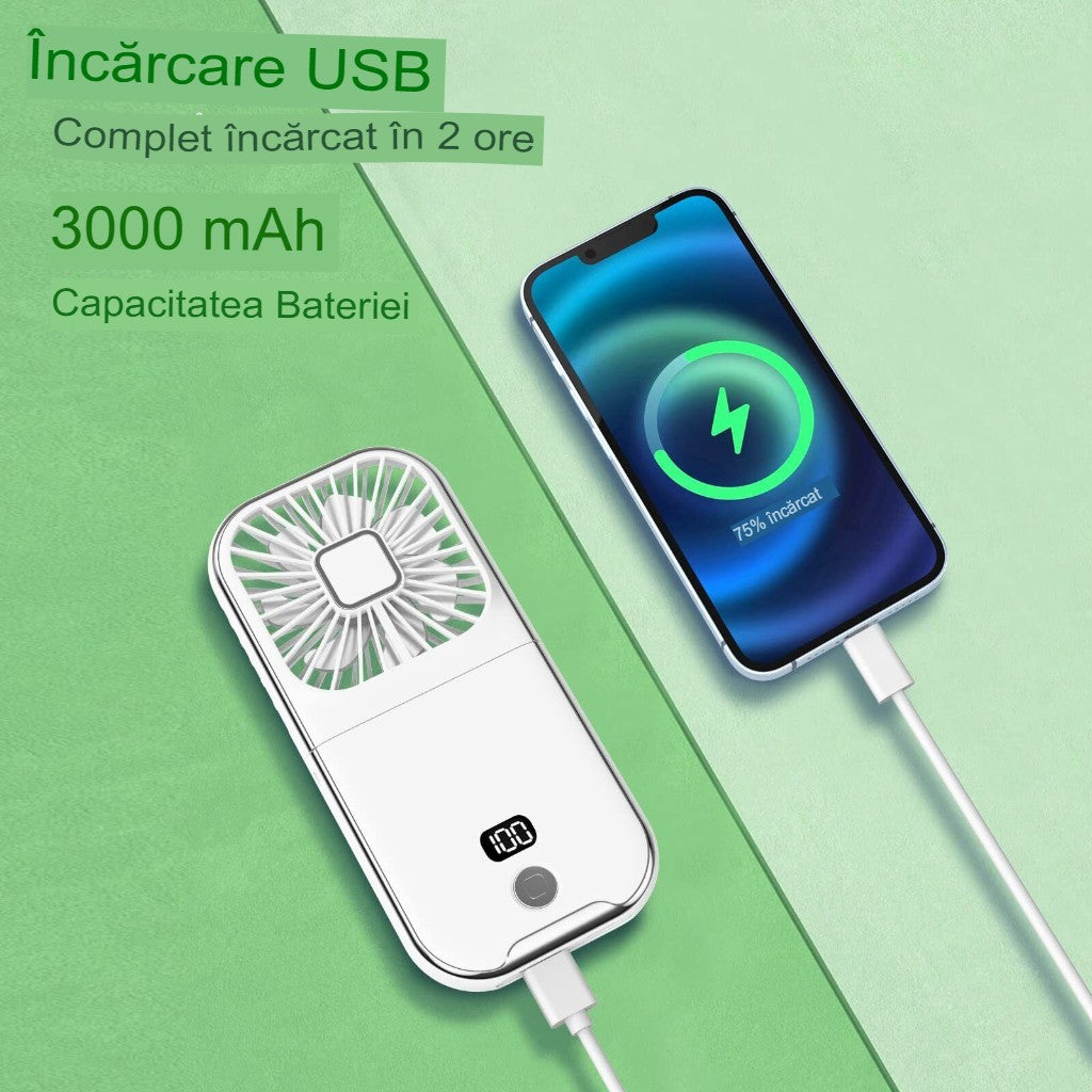 Ventilator Portabil 3 in 1, Mini Ventilator de Mana, Gat si Birou, Pliabil la 180 Grade, Baterie 3000 mAh, Afisaj Digital, Suport Telefon, Incarcare USB, 3 Viteze, Alb