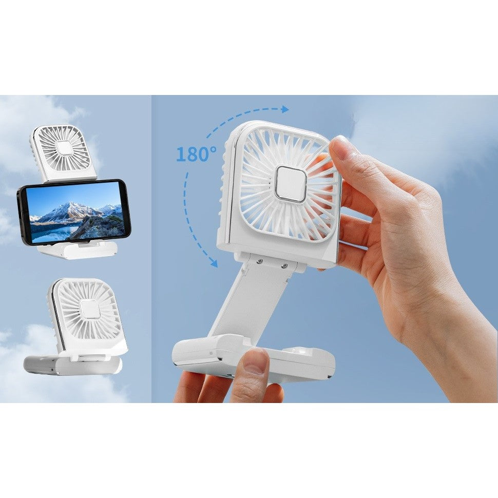Ventilator Portabil 3 in 1, Mini Ventilator de Mana, Gat si Birou, Pliabil la 180 Grade, Baterie 3000 mAh, Afisaj Digital, Suport Telefon, Incarcare USB, 3 Viteze, Alb