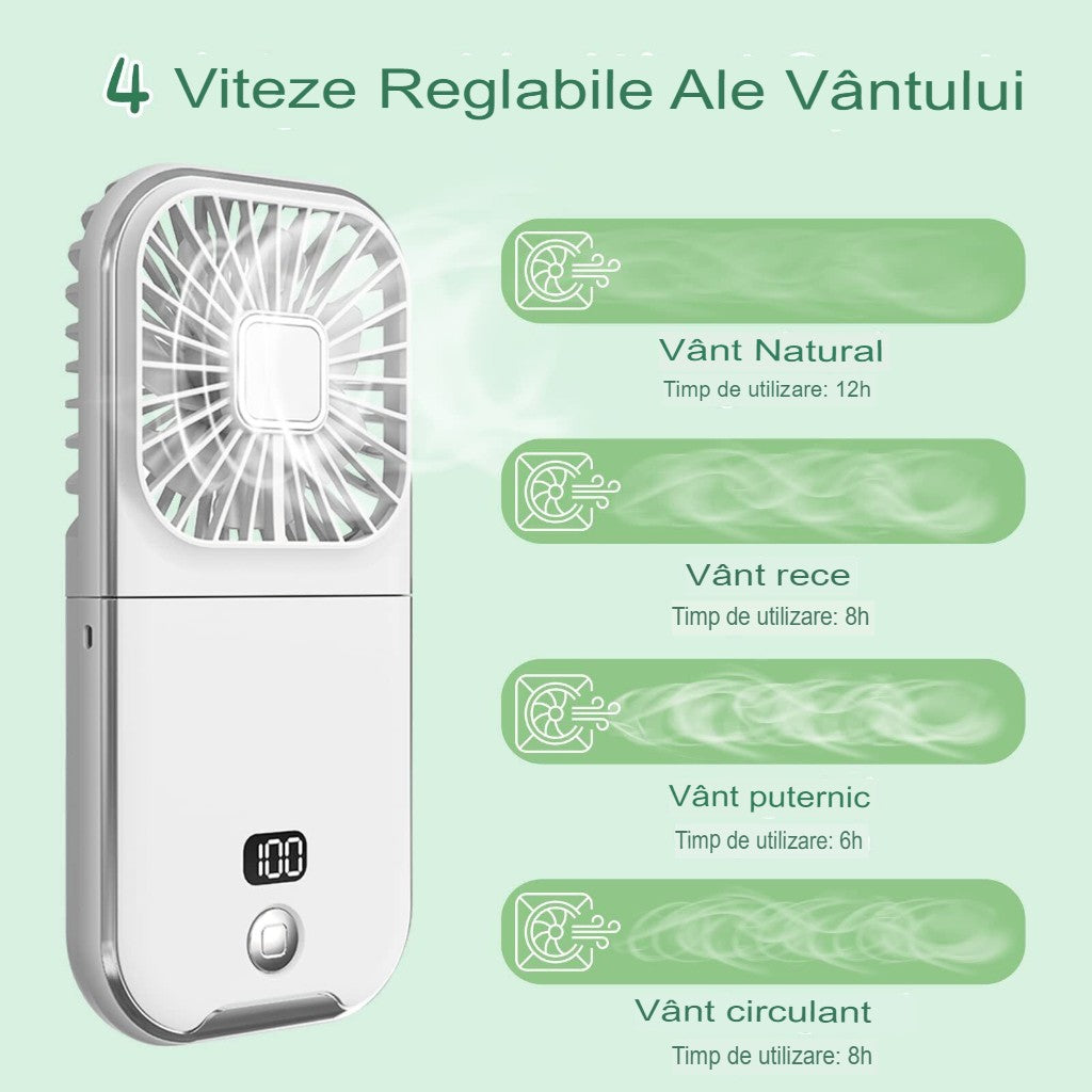 Ventilator Portabil 3 in 1, Mini Ventilator de Mana, Gat si Birou, Pliabil la 180 Grade, Baterie 3000 mAh, Afisaj Digital, Suport Telefon, Incarcare USB, 3 Viteze, Alb