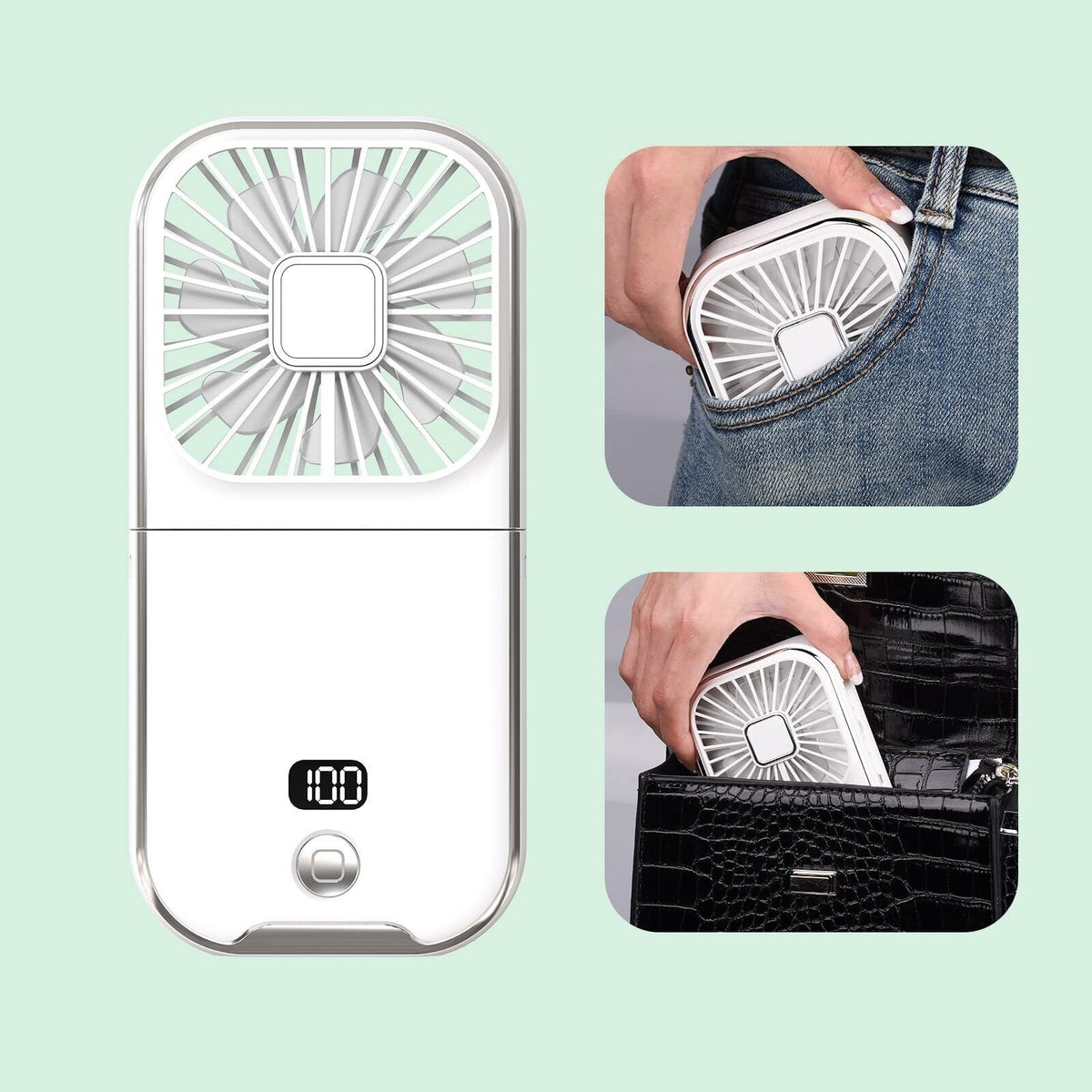 Ventilator Portabil 3 in 1, Mini Ventilator de Mana, Gat si Birou, Pliabil la 180 Grade, Baterie 3000 mAh, Afisaj Digital, Suport Telefon, Incarcare USB, 3 Viteze, Alb