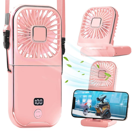 Ventilator Portabil 3 in 1, de Mana, Gat si Birou, Pliabil la 180 Grade, Afisaj Digital, Baterie 3000 mAh, Incarcare USB, 3 Trepte de Viteza, Silentios, Suport Telefon, Roz
