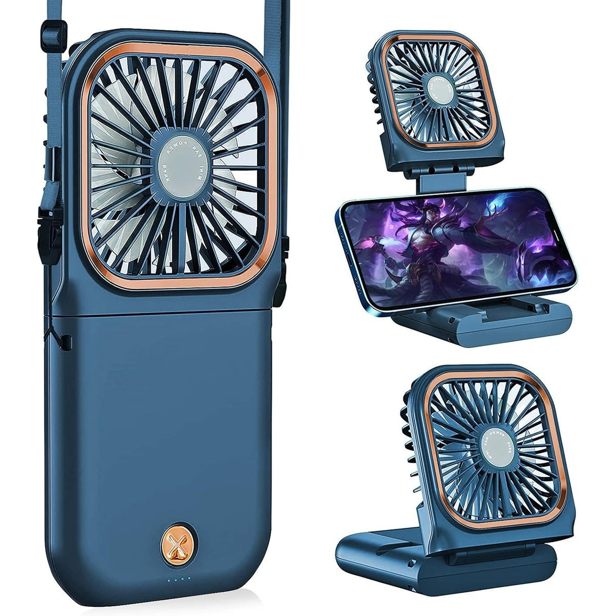 Ventilator Portabil 3 in 1, Mini Ventilator de Mana, Gat si Birou, Pliabil la 180 Grade, Baterie 3000 mAh, Afisaj Digital, Incarcare USB, 3 Trepte de Viteza, Suport Telefon, Albastru