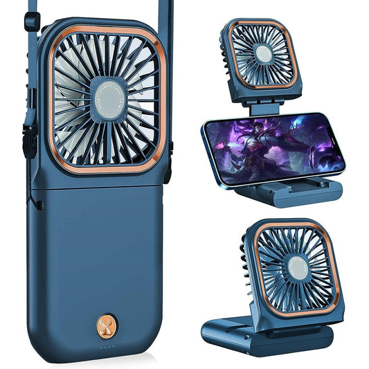 Ventilator Portabil 3 in 1, Mini Ventilator de Mana, Gat si Birou, Pliabil la 180 Grade, Baterie 3000 mAh, Afisaj Digital, Incarcare USB, 3 Trepte de Viteza, Suport Telefon, Albastru