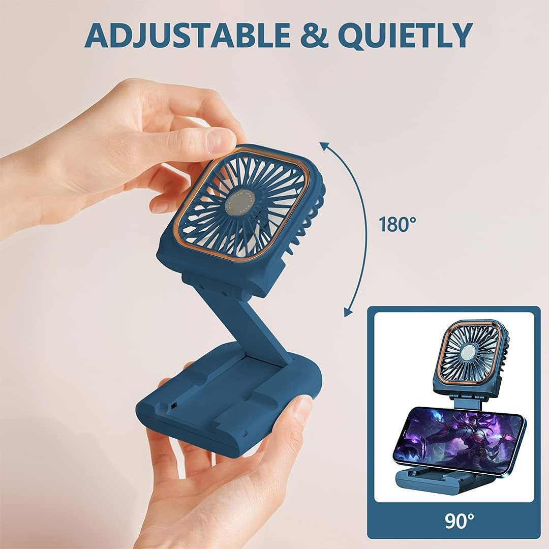 Ventilator Portabil 3 in 1, Mini Ventilator de Mana, Gat si Birou, Pliabil la 180 Grade, Baterie 3000 mAh, Afisaj Digital, Incarcare USB, 3 Trepte de Viteza, Suport Telefon, Albastru