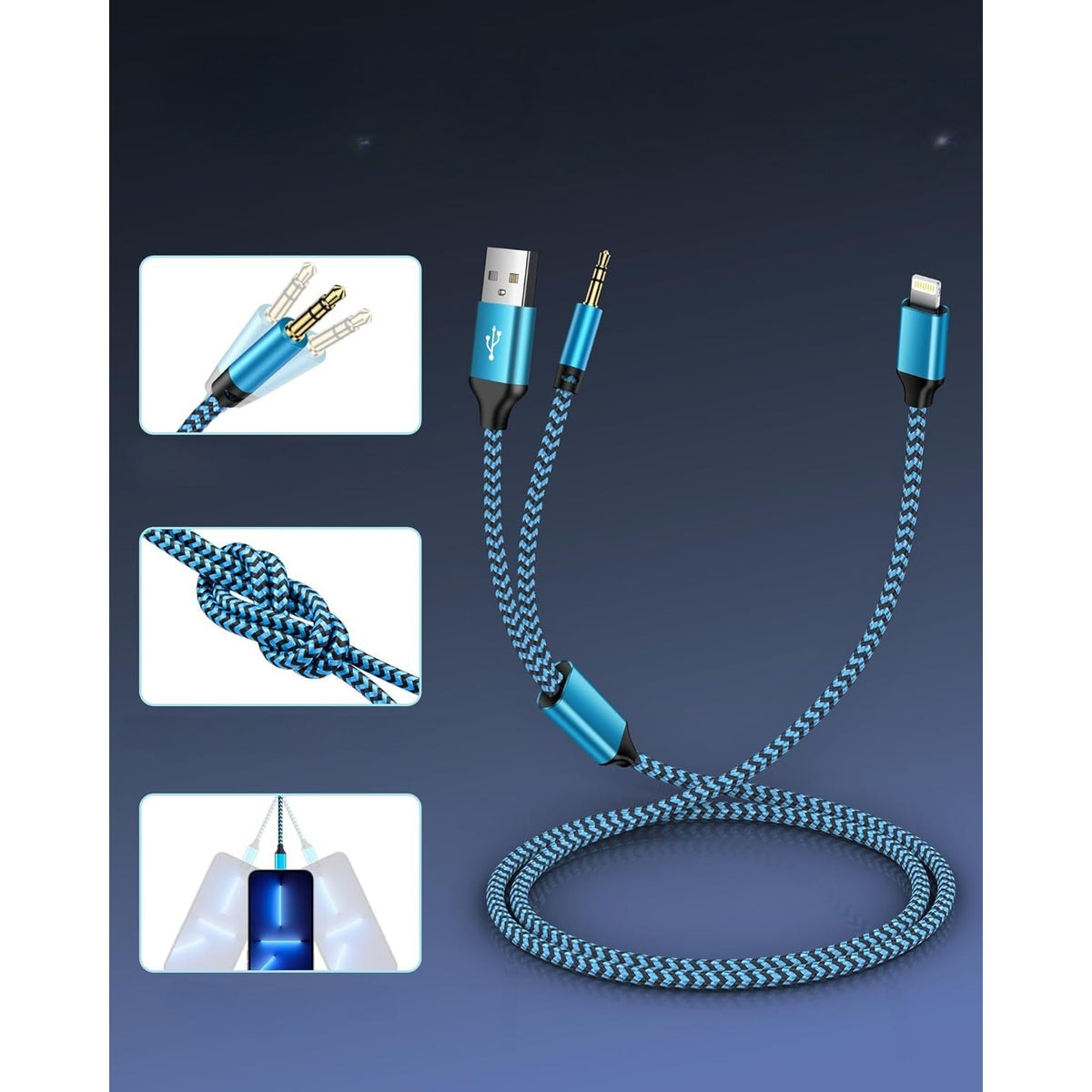 Cablu 2 in 1 Audio si Incarcare USB, Adaptor Jack 3.5 mm si Auxiliar, Conector Placat cu Aur, Invelis Nylon Impletit, Compatibil iPhone, 1 m, Albastru