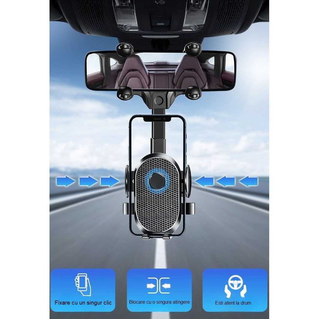 Suport Telefon Auto Pentru Oglinda Retrovizoare, Rotire 360 Grade, Brat Ajustabil Si Clema Silicon, Material ABS, Negru