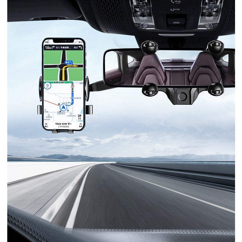 Suport Telefon Auto Pentru Oglinda Retrovizoare, Rotire 360 Grade, Brat Ajustabil Si Clema Silicon, Material ABS, Negru