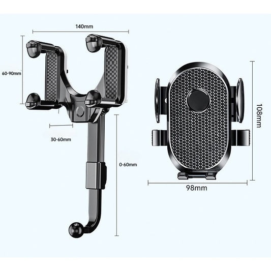 Suport Telefon Auto Pentru Oglinda Retrovizoare, Rotire 360 Grade, Brat Ajustabil Si Clema Silicon, Material ABS, Negru