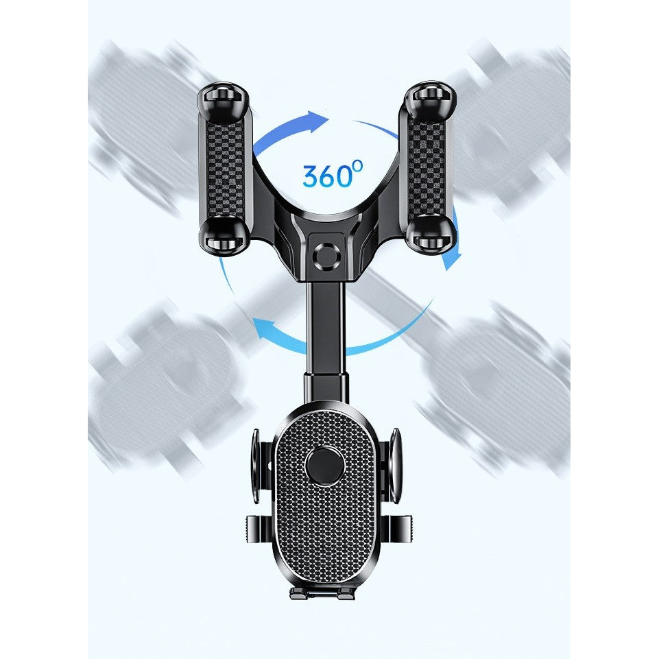 Suport Telefon Auto Pentru Oglinda Retrovizoare, Rotire 360 Grade, Brat Ajustabil Si Clema Silicon, Material ABS, Negru