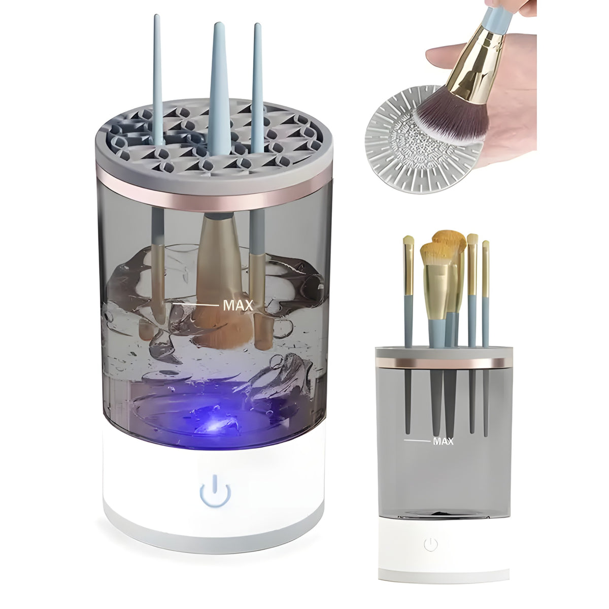 Dispozitiv Electric de Curatare Pensule Machiaj, Aparat Automat cu Vibratii Sonice si Motor 7000 RPM, Alimentare USB, Plastic Rezistent, Alb/Transparent, 9x9x16 cm
