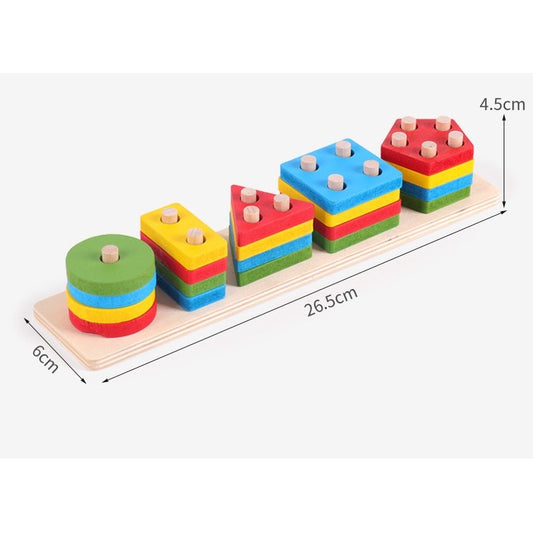 Jucarie Educativa Montessori, Set Sortare Forme Geometrice cu 5 Niveluri Dificultate, Lemn Masiv si MDF, 20 Piese, 36 Luni+, 6 x 26.5 cm, Multicolor