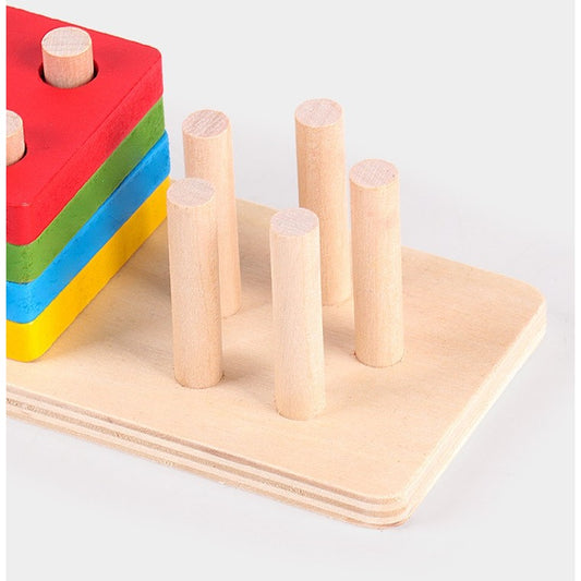 Jucarie Educativa Montessori, Set Sortare Forme Geometrice cu 5 Niveluri Dificultate, Lemn Masiv si MDF, 20 Piese, 36 Luni+, 6 x 26.5 cm, Multicolor